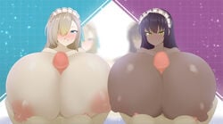 2futas 2girls areolae asuna_(blue_archive) big_breasts big_penis blue_archive breasts censored centaur cleaning_&_clearing_(blue_archive) dark-skinned_female dark_skin duo_focus erection eye_contact female female_focus ftnranat futa futa_on_female futanari huge_cock human hyper hyper_breasts karin_(blue_archive) large_penis light-skinned_female light-skinned_futanari light_skin long_hair looking_at_viewer maid maid_headdress massive_breasts millennium_science_school_student mosaic_censoring nipples nude paizuri pale_skin penis pov