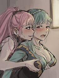 2girls artist_request big_breasts blue_hair blush breast_grab breasts brown_eyes cleavage double_breast_grab female female_only fire_emblem fire_emblem:_three_houses hilda_valentine_goneril long_hair looking_back marianne_von_edmund multiple_girls nintendo open_clothes pink_eyes pink_hair short_hair source_request sweat yuri