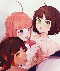 1boy 3girls ahoge blush faceless_male fellatio handjob illuna_(renalucent) oral original original_character renalucent tongue_out uncensored