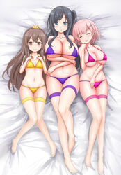 10s 3girls bikini black_hair blue_eyes breasts brown_eyes brown_hair btk cleavage closed_eyes dakimakura_(medium) flat_chest full_body hair_ornament hairband hairclip hand_on_own_thigh hand_to_own_face hands_on_own_chest hands_on_own_stomach highres kazami_yuri knees_together_feet_apart large_breasts legs long_hair lying multiple_girls navel on_back open_mouth pink_bikini pink_hair pink_swimsuit purple_bikini purple_swimsuit see-through short_hair side_ponytail smile sunoharasou_no_kanrinin-san swimsuit thigh_gap thighhighs toes white_legwear yamanashi_sumire yellow_bikini yellow_swimsuit yukimoto_yuzu