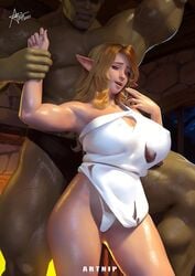 artnip dress elf elf_ears elf_female female huge_breasts light-skinned_female light_skin looking_at_viewer male male/female male_orc/female_elf muscular_male orc orc_male panties pointy_ears size_difference torn_clothes