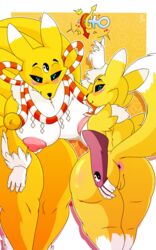 2girls bandai_namco big_breasts blush breasts canid canine digimon digimon_(species) duo female fur furry genitals hi_res huge_breasts huge_nipples kyubimon mammal nipples nude pussy renamon simple_background smile taniom