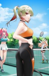 3girls ass ass_focus athletic athletic_female azur_lane bache_(azur_lane) bache_(showy_sports_star)_(azur_lane) bad_pixiv_id bare_arms bare_legs bare_shoulders black_legwear black_pants bra breasts bremerton_(azur_lane) bremerton_(scorching-hot_training)_(azur_lane) choker cleavage clothed clothing clothing_cutout cowboy_shot ear_piercing female female_only from_behind giuseppe_garibaldi_(azur_lane) green_hair high_ponytail highres horns jewelry large_breasts leggings looking_at_viewer looking_back medium_breasts midriff miniskirt multicolored_hair multiple_girls ohisashiburi outdoors pale-skinned_female pale_skin pink_hair ponytail red_eyes small_breasts sports_bra sportswear sweat tennis_court tennis_uniform thighs tight_clothing toned toned_female twintails yoga_pants