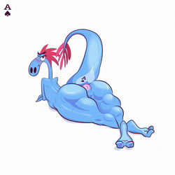 2_toes ace_of_spades alien alien_girl anthro anus ass bedroom_eyes big_anus big_butt big_thighs blue_body blue_skin blush disney feet female hi_res jackofak long_tail looking_at_viewer looking_back muscular_female muscular_thighs narrowed_eyes nude on_front on_stomach raised_tail red_hair seductive simple_background smile soles solo sylvia_(wander_over_yonder) tattoo thick_thighs toes wander_over_yonder white_background wide_hips zbornak