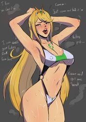 1girls armpit_stubble armpits arms_up blonde_hair blush dialogue growing_armpit_hair imsofckinlost licking_lips long_hair mythra nintendo swimsuit taunting text wet xenoblade_(series) xenoblade_chronicles_2