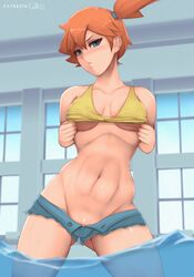 1girls abs blue_eyes blush denim denim_shorts kasumi_(pokemon) legs navel nintendo orange_hair partially_submerged pokemon pokemon_rgby ponytail red_hair shiny_skin shirt_lift shorts side_ponytail solo solo_focus toned underboob water zelc-face