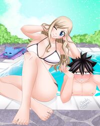 1boy 1boy1girl 1girls black_hair blonde_hair blue_eyes claudia_dragneel dark_eyes edens_zero embarrassed happy_(edens_zero) long_hair pool poolside rebecca_bluegarden shiki_granbell short_hair smiling