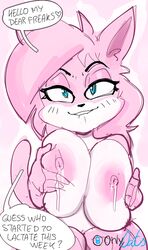 aeris_(vg_cats) anthro blue_eyes bodily_fluids breasts dbaru domestic_cat felid feline felis female fur hair lactating looking_at_viewer mammal milk nipples nude onlyfans pink_body pink_fur solo text vg_cats webcomic