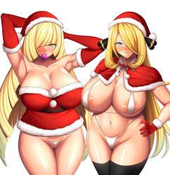 2girls absurd_res aether_foundation alternate_breast_size armpits bare_shoulders bikini blonde_hair blush breasts christmas christmas_outfit condom condom_in_mouth curvaceous curvy_body curvy_female curvy_figure cynthia_(pokemon) feet_out_of_frame female female_only hand_on_hip hat hi_res huge_breasts large_breasts long_hair looking_at_viewer lusamine_(pokemon) micro_bikini milf mouth_hold multiple_girls nintendo plain_background pokemon pokemon_dppt pokemon_sm santa_hat seductive seductive_look seductive_smile shiny shiny_skin simple_background smile standing swimsuit tanaken thick_thighs thighs voluptuous