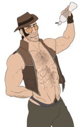 abs bara body_hair hat male_focus muscle pants sniper_(team_fortress_2) sniperstalker sunglasses team_fortress_2 underpants vest water_bottle