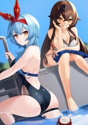 2girls amber_(genshin_impact) ass bikini blue_hair breasts brown_hair cleavage clothed ett eula_(genshin_impact) female female_only genshin_impact hair_ornament human looking_at_viewer medium_breasts one-piece_swimsuit paw_print paw_tattoo pawprint pool sitting smile swimsuit tattoo