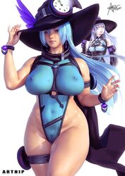 artnip blue_hair large_breasts looking_at_viewer nipples pubic_hair pussy revealing_clothes thick_thighs transparent_clothing witch_hat