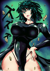 1girls black_hair black_panties black_thong breasts colorized cowboy_shot debris dress female fubuki_(one-punch_man) hand_on_hip highleg_panties highres jet_puri large_breasts long_sleeves monochrome one-punch_man panties panty_peek satansoft1 self_upload short_hair smile solo striped_panties thong underwear