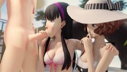 1boy 2girls 3d accurate_art_style alternate_costume amagi_yukiko amateurthrowaway animated areola areolae assisted_fellatio atlus beach bikini black_hair black_hair_female breasts brown_hair brown_hair_female cleavage clothed_female clothing collaborative_fellatio crossover exposed exposed_breasts faceless_male fellatio female fondling_breast fondling_own_breast groping_breasts haru_okumura hat headgear human light-skinned_female light-skinned_male light_skin long_hair long_hair_female looking_up male manual megami_tensei nude_male official_style offscreen_character offscreen_male oral persona persona_4 persona_5 sega shorter_than_30_seconds shorter_than_one_minute shorter_than_two_minutes smile smirk sound tagme undressing video