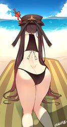 absurd_res all_fours ass beach bent_over black_bikini brown_hair butt_crack dat_ass female female_only from_behind genshin_impact hat hi_res hu_tao_(genshin_impact) twintails z666ful