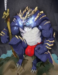 2021 anthro balls_outline biceps blade blue_eyes blue_fire bulge capcom claws clothing colored_fire debirobu fanged_wyvern felid fire genital_outline genitals looking_at_viewer magnamalo male mammal melee_weapon monster_hunter monster_hunter_rise muscular muscular_anthro muscular_male pantherine penis penis_base penis_outline purple_body scales sitting solo sword tiger underwear video_games weapon