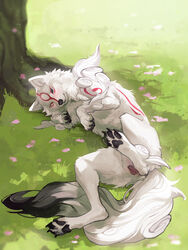 amaterasu anatomically_correct anatomically_correct_genitalia anatomically_correct_pussy animal_genitalia animal_pussy black_claws black_eyes black_nose black_pawpads canid canine canine_pussy canis capcom claws day deity detailed_background digitigrade dipstick_tail dust empty_eyes female feral flower_petals fluffy fluffy_tail fur furry genitals highres looking_at_viewer lying mammal markings multicolored_tail okami on_ground on_side one_eye_closed outdoors particles pawpads paws petals plant presenting presenting_pussy pussy raised_leg red_markings solo spread_legs spreading tree white_fur windwttom wink wolf