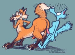 anthro anus ass balls bashful bodily_fluids canid canid_taur canine canine_taur canis critterdome cum cum_drip dripping duo erection fox fox_taur fuzzy_balls genital_fluids genitals male male/male mammal mammal_taur penis presenting presenting_anus presenting_hindquarters snout surprise taur tickling wolf