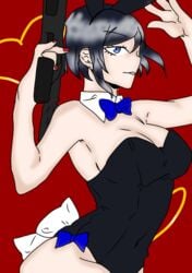 ak-47 back_bow big_breasts black_hair blue_bow blue_bowtie blue_eyes bow bowtie bunny_ears bunny_suit danganronpa danganronpa:_trigger_happy_havoc danganronpa_(series) danganronpa_1 female female_only gun looking_at_viewer mukuro_ikusaba red_background red_nails short_hair straight_hair thick_thighs white_bow