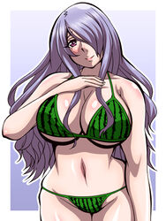 1girls alternate_costume bikini camilla_(fire_emblem) fire_emblem fire_emblem_fates green_bikini green_swimsuit hair_over_one_eye huge_breasts inabakun00 long_hair looking_at_viewer melon nintendo purple_eyes purple_hair smile solo solo_female swimsuit underboob watermelon