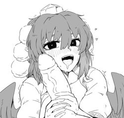 1boy 1girls blush formicid grabbing_penis headwear heart heart-shaped_pupils monochrome open_mouth penis penis_on_face saliva shameimaru_aya tengu touhou veiny_penis wings