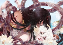 2boys absurdres androgynous asura_(onmyouji) black_hair black_nails blonde_hair bracelet cum cum_in_ass emienvee2811 eyelashes flower gay green_eyes heart heart-shaped_pupils hi_res high_resolution highres holding_hands jewelry legs_up long_hair looking_at_viewer lotus male_focus male_only multicolored_hair multiple_boys onmyoji onmyouji red_eyes sex symbol-shaped_pupils taishakuten_(onmyouji) tattoo tentacle tentacle_sex tongue tongue_out two-tone_hair white_hair yaoi