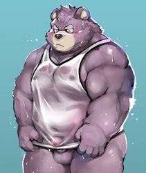 2021 anthro blue_background blush bodily_fluids clothing kemono male mammal musclegut nekomarudon overweight overweight_anthro overweight_male shirt simple_background solo sweat tanukimaru topwear ursid wet