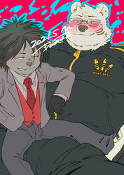 2boys anthro blush bulge clothed clothing detailed_bulge doromiez eulipotyphlan eyewear gay male male/male male_only mammal muscular muscular_male necktie odd_taxi on_lap pecs polar_bear porcupine sekiguchi_(odd_taxi) sitting_on_lap size_difference smile suit sunglasses tracksuit ursid ursine yano_(odd_taxi) yaoi