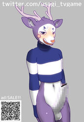 ant anthro antlers arthropod balls blush bottomless capreoline censored cervid clothed clothing erection fur genitals happy_tree_friends horn hymenopteran insects looking_at_viewer makeup male male_focus mammal mime_(htf) penis purple_body purple_fur purple_skin qr_code rabbittakahashi reindeer simple_background smile solo