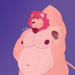 1:1 anthro armpit_fetish armpit_hair belly big_belly body_hair felid fur hair hi_res leonine lion looking_at_viewer male male_only mammal musk overweight overweight_anthro overweight_male pantherine pink_body pink_fur pink_hair rion_(rionmaro) rionmaro smile smirk solo