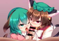 1boy 2girls ;p animal_ears bar_censor bow bowtie brown_hair cat_tail censored chen collaborative_fellatio dog_ears dog_tail fellatio green_eyes green_hair hat jewelry karasuma_amiru kyouko_kasodani mob_cap multiple_girls multiple_tails nekomata one_eye_closed oral paizufella pov purple_background red_eyes short_hair simple_background single_earring slit_pupils tail teamwork tongue tongue_out touhou upper_body white_neckwear