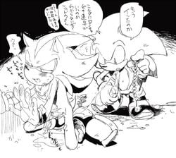 anal_beads anthro aoki6311 blush bodily_fluids chest_tuft clothing cum cum_on_ground dialogue dildo duo erection footwear genital_fluids gloves half-closed_eyes handwear japanese_text kneeling male male/male monochrome narrowed_eyes sex_toy shadow_the_hedgehog shoes simple_background sonadow sonic_(series) sonic_the_hedgehog sonic_the_hedgehog_(series) speech_bubble text translation_request tuft white_background