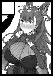 black_border blush border breasts brooch circle_cut corset covering_mouth dress erection fate/grand_order fate_(series) female gomu_(chewinggom) greyscale hair_cones hair_ornament hand_over_own_mouth hand_up jewelry large_breasts long_sleeves monochrome murasaki_shikibu_(fate) parted_lips penis penis_awe simple_background sleeves_past_wrists solo_focus upper_body white_background wide-eyed