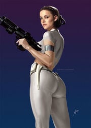 1girls actress alternate_version_available arion69 arm_up armlet ass attack_of_the_clones background beauty_mark belt big_ass blaster blue_background breasts brown_eyes brown_hair celebrity clothed clothed_female clothing eyes female female_focus female_only fully_clothed gun hair holding_gun holding_object holding_weapon holster human human_only large_ass legs light-skinned_female light_skin lips looking_at_viewer looking_back looking_back_at_viewer looking_down looking_down_at_viewer lucasfilm medium_breasts milf mole mole_under_eye natalie_portman open_eyes padme_amidala pants patreon pinup pose ranged_weapon real_person realistic rear_view shiny_skin shirt side_view signature simple_background solo solo_female solo_focus standing star_wars thick_thighs tied_hair torn_clothes violet_background weapon white_clothing