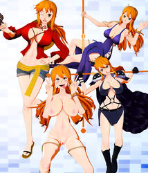 3d 3d_(artwork) 3d_model ahe_gao banchouforte blender crossdressing double_peace_sign dress female female_only jewelry monkey_d_luffy_(cosplay) naked nami one_piece orange_hair peace_sign straw_hat throat tongue_out weapon