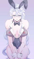 2020 areola azul_ashengrotto bare_shoulders black_bow black_bowtie blue_eyes blush bow bowtie breasts bunny_ears bunnysuit cleavage closed_mouth collarbone eyebrows eyelashes female female_focus female_only genderswap_(mtf) glasses hair_between_eyes leotard light-blue_hair long_hair looking_at_viewer michu_010101 mouth_closed nipples nipples_visible_through_clothing rule_63 see-through see-through_clothing sitting solo solo_female solo_focus thighs translucent_clothing twisted_wonderland very_long_hair wrist_cuffs