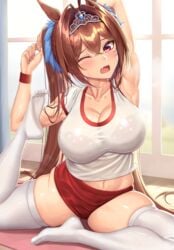 1girls 2021 animal_ears animal_humanoid arm_behind_head armpits arms_up bangs belly_button blush bra bra_visible_through_clothes breasts brown_hair cleavage clothed clothing cute_fang daiwa_scarlet_(umamusume) detailed_background exposed_midriff feet female female_focus female_only flexible foot_up gym_clothes gym_shorts hair_between_eyes hair_ornament hair_scrunchie hi_res horse_ears horse_girl indoors large_breasts long_hair low_neckline one_eye_closed open_mouth red_eyes red_shorts shiny_skin short_shorts skindentation sssemiii stockings stretching sweat sweaty_body thick_thighs thighhighs thighs tiara tight_clothing twintails umamusume white_shirt white_thighhighs wristband