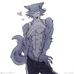 1:1 anthro beastars bottomwear canid canine canis clothed clothing genitals heart hi_res legoshi_(beastars) looking_at_viewer male male_only mammal one_eye_closed pants penis penis_base raised_clothing raised_topwear shirt simple_background solo tank_top topwear white_background wink wolf yuzuki_fang111