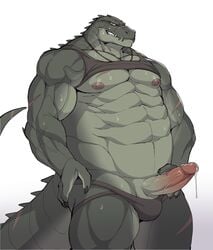 2021 abs anthro bodily_fluids bottomwear clothing crocodile crocodilian crocodylid digital_media_(artwork) disiwjd erection genital_fluids genitals hi_res male muscular muscular_anthro muscular_male nipples penis reptile scalie scar solo sweat topwear