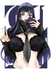 1girls big_breasts black_hair blue_eyes breasts cleavage final_fantasy final_fantasy_xiv gaia_(ffxiv) lipstick long_hair mask necktie ooshima_ryou painted_nails peace_sign phone square_enix