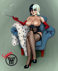 101_dalmatians areolae big_breasts black_hair blue_eyes breasts busty corset crossover cruella_de_vil disney elbow_gloves eyeshadow female female_focus female_only high_heels hotel_transylvania hourglass_figure large_breasts lipstick makeup mavis_dracula nipples pinup pinup_pose sitting solo stockings syyyn_(frostydude) tagme topless two_tone_hair vampire white_hair wide_hips
