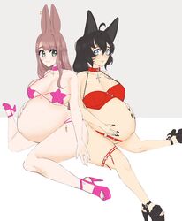 2girls big_breasts breasts cleavage female female_only huge_belly large_breasts pregnant purinpaw rabbit_humanoid ready_to_pop