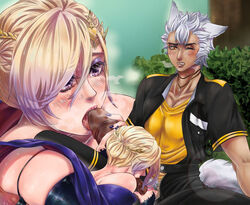 2boys ass blonde_hair blowjob crown emienvee2811 gay jack_howl male/male male_only outdoors outside panties penis_lick penis_out purple_eyes thighhighs thighs twisted_wonderland vil_schoenheit white_hair wolf_ears wolf_tail yaoi yellow_eyes