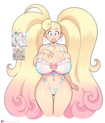 big_ass big_breasts big_hair bimbo blonde_hair blue_eyes candy candy_lingerie candy_underwear earrings gandg hand_on_breast honey_(gandg) huge_breasts large_breasts lingerie pink_hair shiny_skin twintails two_tone_hair underwear