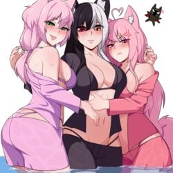 3girls angry ariel_lopez arilopez550 black_hair cat_ears farfadox full_body green_eyes indie_virtual_youtuber kirane latam_virtual_youtuber lingerie multiple_girls panties pink_eyes pink_hair serpias suwie virtual_youtuber vtuber vtuberfanart water wet white_hair