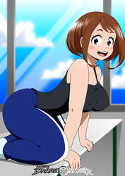 classroom drakonaskar legs my_hero_academia ochako_uraraka patreon schoolgirl schoolgirl_uniform smile socks sport sportswear