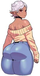 1girls ass bare_shoulders big_ass breasts choker curvy dark-skinned_female dark_elf dark_skin elf elf-san_wa_yaserarenai female huge_ass humanoid jeans kuroeda long_hair looking_back mole pants plump pointy_ears red_eyes short_hair solo synecdoche thick_thighs tight_jeans tight_pants very_short_hair white_background white_hair wide_hips