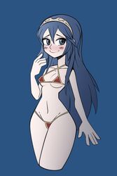 1girls bikini blue_eyes blue_hair blush embarrassed female fire_emblem fire_emblem_awakening hair_between_eyes intelligent_systems jomokin lucina_(fire_emblem) micro_bikini nintendo small_breasts smile solo solo_female