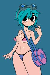 1girls bag bikini blue_background blue_hair eyewear female female_only flat_colors goggles_on_head human jomokin ramona_flowers scott_pilgrim solo swimwear