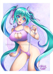 1girls big_breasts blue_eyes blue_hair bra breasts cat_ear_panties cat_keyhole_bra cat_keyhole_lingerie cat_lingerie female female_only hair_ribbon hatsune_miku large_breasts lingerie long_twintails midriff navel panties purple_bra purple_lingerie purple_panties side-tie_panties solo solo_female tabby_chan twintails underwear vocaloid